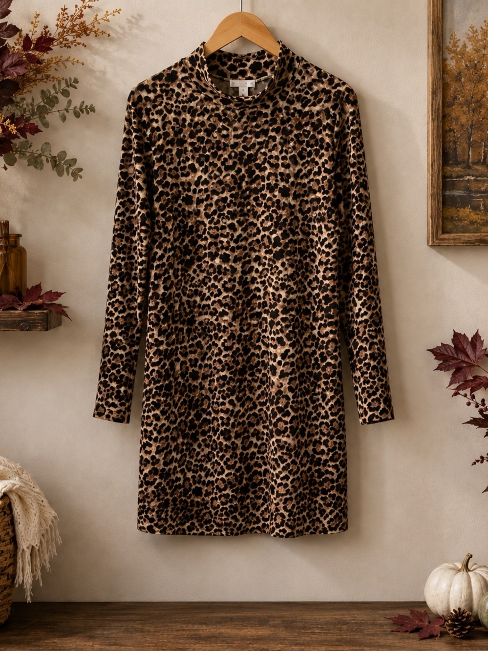 Leith Leopard Print Long Sleeve Mock Neck Midi Dress XL